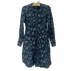 Boden Empire Black Blue Floral Long Sleeve Button Front Midi Shirt Dress 6